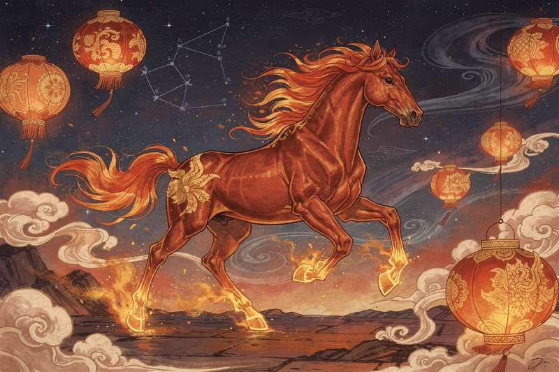 Representación del símbolo del zodíaco chino del Caballo de Fuego con elementos astrológicos y decorativos tradicionales.