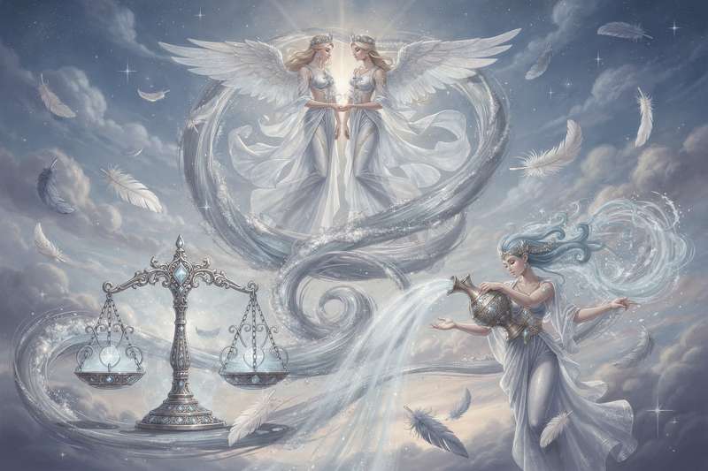 Representación de los tres signos del zodiaco de aire con sus características de comunicación, equilibrio e innovación.