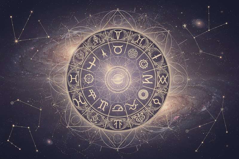 Representación astrológica de los doce signos del zodiaco alrededor del planeta Mercurio en movimiento retrógrado.