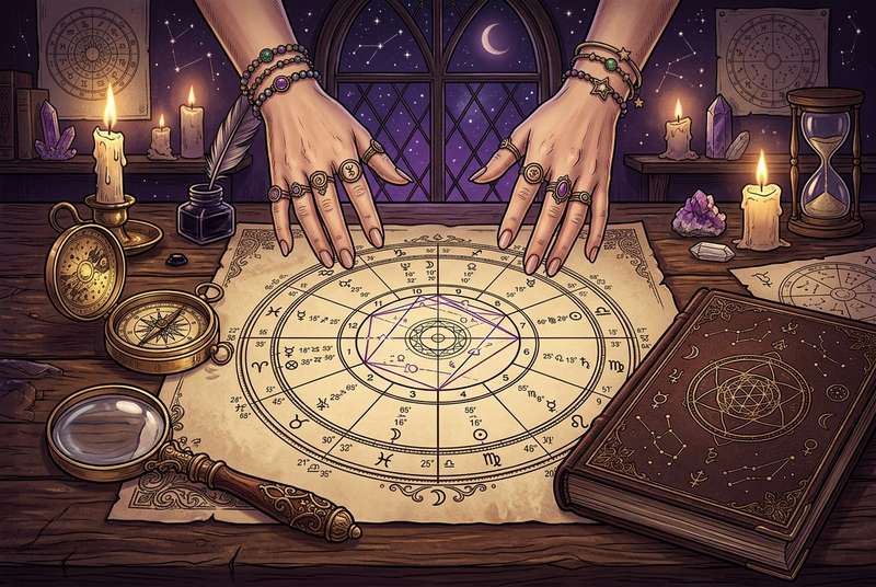Representación gráfica de los doce signos zodiacales distribuidos en círculo alrededor de un punto central que simboliza la...