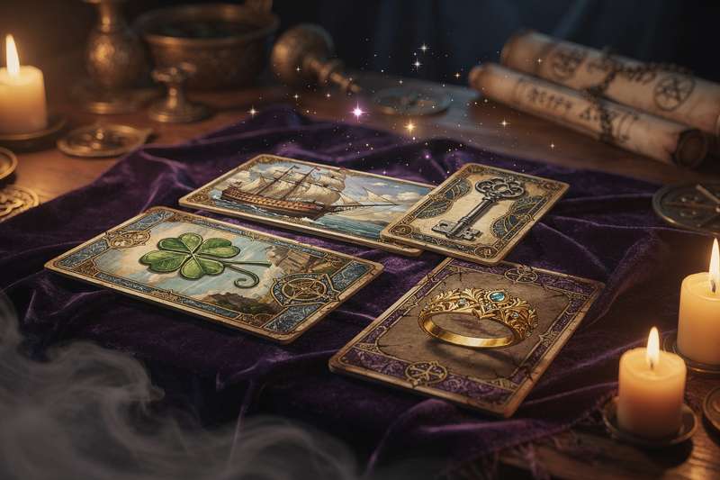 Disposición de las treinta y seis cartas de Lenormand sobre superficie oscura mostrando sus símbolos e ilustraciones...