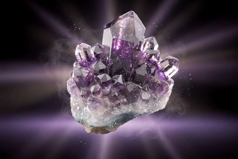 Cristales de amatista violeta con tonalidades profundas dispuestos sobre una superficie natural para mostrar sus...