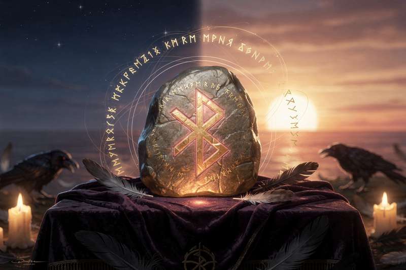 Runa Dagaz grabada en piedra representando el ciclo del amanecer y la renovación espiritual.