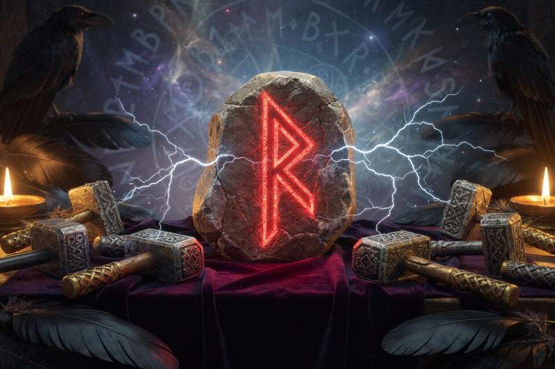 Runa Thurisaz representada como un símbolo angular que evoca la energía defensiva y la fuerza protectora del dios nórdico Thor.