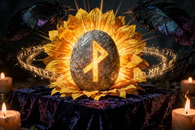Runa Sowilo representada con su símbolo tradicional de sol radiante que evoca poder, claridad y fuerza renovadora.