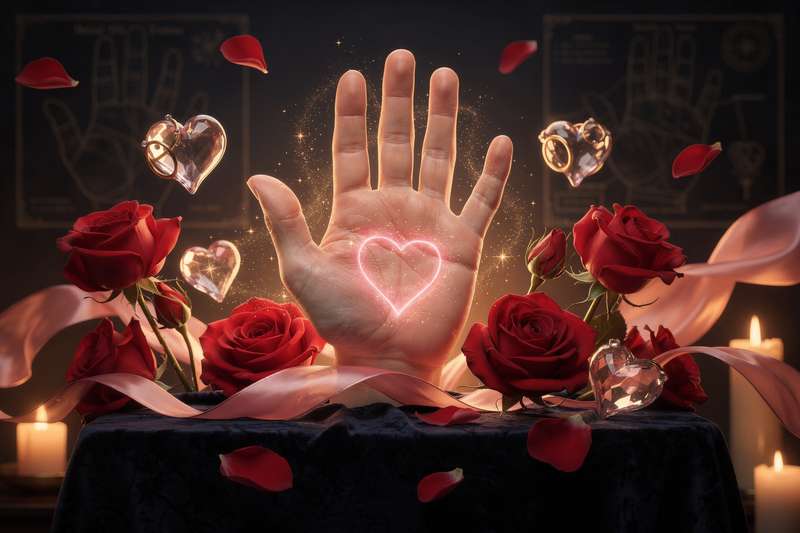 Palma de la mano abierta mostrando claramente las principales líneas de quiromancia, especialmente la línea del corazón que...