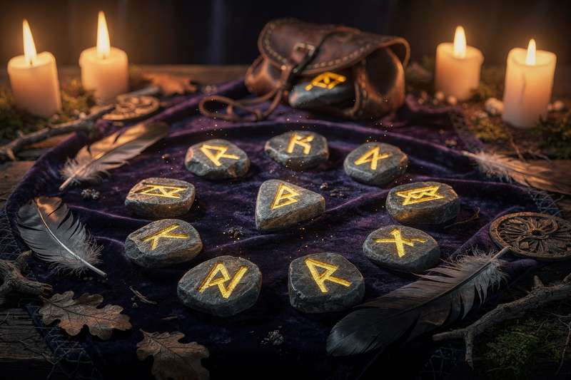 Símbolos rúnicos del alfabeto Futhark antiguo grabados en piedra para consulta espiritual y tatuajes.