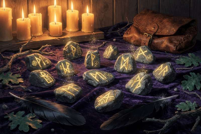 Runas vikingas dispuestas en un patrón circular sobre una superficie de madera oscura para iniciar la práctica adivinatoria.