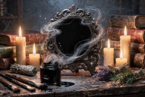 Espejo casero de color negro pulido sobre superficie oscura listo para práctica de adivinación por scrying.