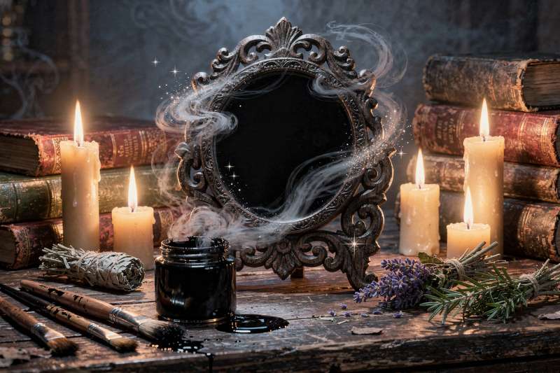 Espejo casero de color negro pulido sobre superficie oscura listo para práctica de adivinación por scrying.