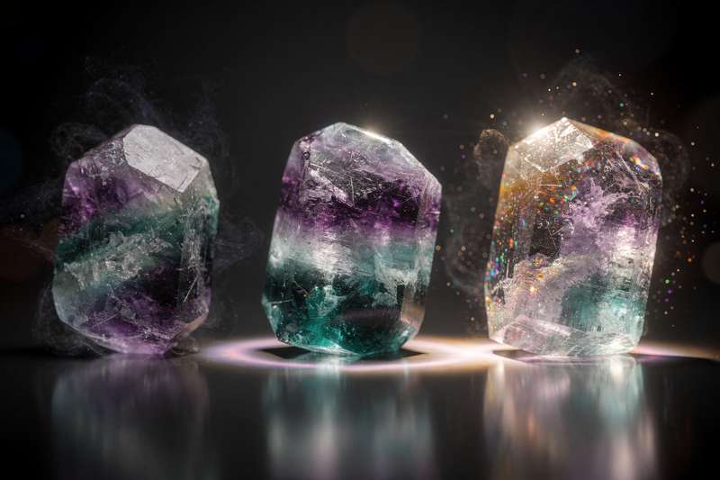 Fluorita violeta y verde pulida sobre superficie de madera natural en ambiente de meditación y bienestar.