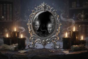 Espejo negro pulido reflejando luz tenue en un ambiente oscuro para práctica adivinatoria.