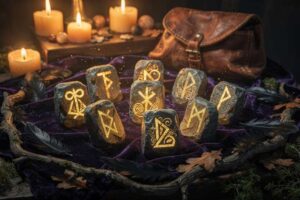 Conjunto de veinticuatro caracteres rúnicos germánicos del alfabeto antiguo Futhark dispuestos en orden tradicional.