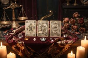 Disposición de cartas de juego ordenadas en patrón sobre fondo oscuro para realizar una tirada cartomántica.