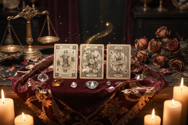 Disposición de cartas de juego ordenadas en patrón sobre fondo oscuro para realizar una tirada cartomántica.