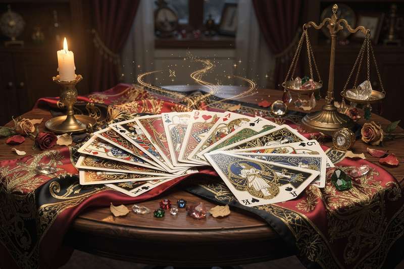 Baraja de cartas de póquer con los cuatro palos dispuestos sobre una superficie oscura para lectura adivinatoria.