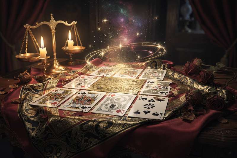Baraja de cartas de póquer dispuestas en forma de tirada adivinatoria sobre una superficie oscura para lectura cartomántica.