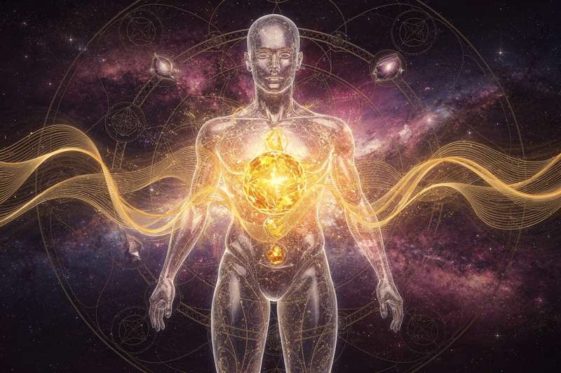 Diagrama del cuerpo humano mostrando la ubicación del centro del plexo solar y sus conexiones energéticas en el sistema de...