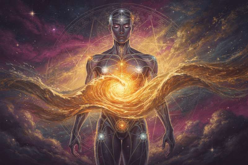 Persona meditando en la orilla del mar sintiendo la conexión energética de su autoridad emocional en Human Design.