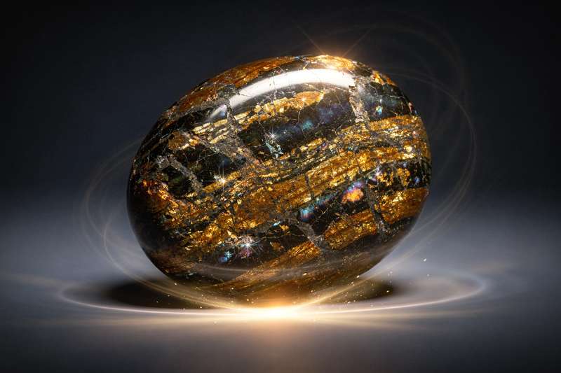 Cristal de nuummita de color oscuro con vetas brillantes que reflejan luz, utilizado en prácticas de sanación y magia alternativa.