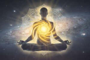 Representación visual del chakra del plexo solar con energía amarilla radiante que simboliza el poder personal y la...