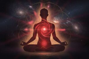 Hombre meditando en postura de loto con energía roja radiante desde la base de su columna vertebral.