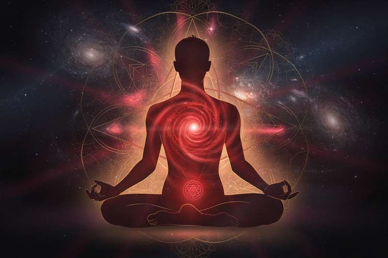 Hombre meditando en postura de loto con energía roja radiante desde la base de su columna vertebral.