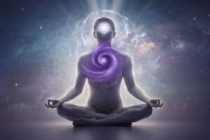 Cristal de amatista púrpura que representa la activación del tercer ojo y la claridad mental en prácticas de chakra.