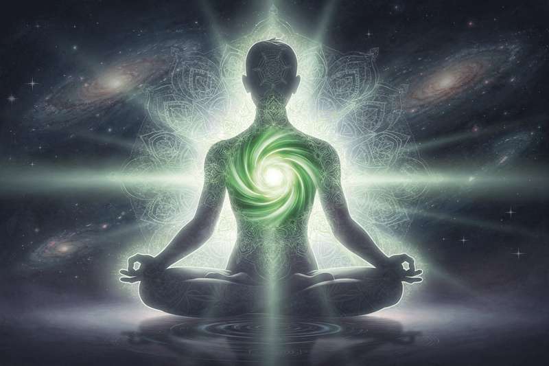 Mujer con las manos sobre el pecho practicando meditación para equilibrar la energía del corazón y cultivar amor propio.