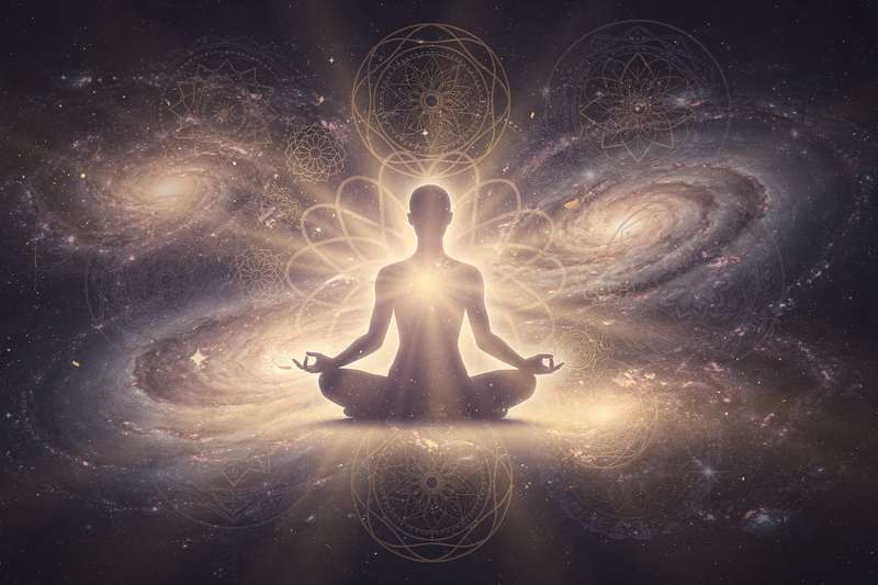 Representación de los siete chakras alineados verticalmente en el cuerpo humano con sus respectivos colores energéticos.