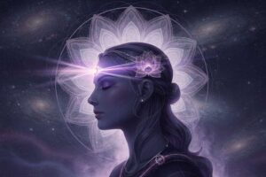 Persona meditando con luz dorada en el centro de la frente representando la activación energética del sexto chakra.