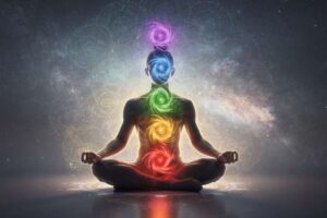 Representación de los siete chakras principales alineados en el cuerpo humano para evaluar su estado energético.