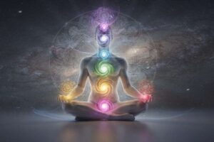 Persona meditando en posición de loto con aura energética brillante alrededor de su cuerpo.