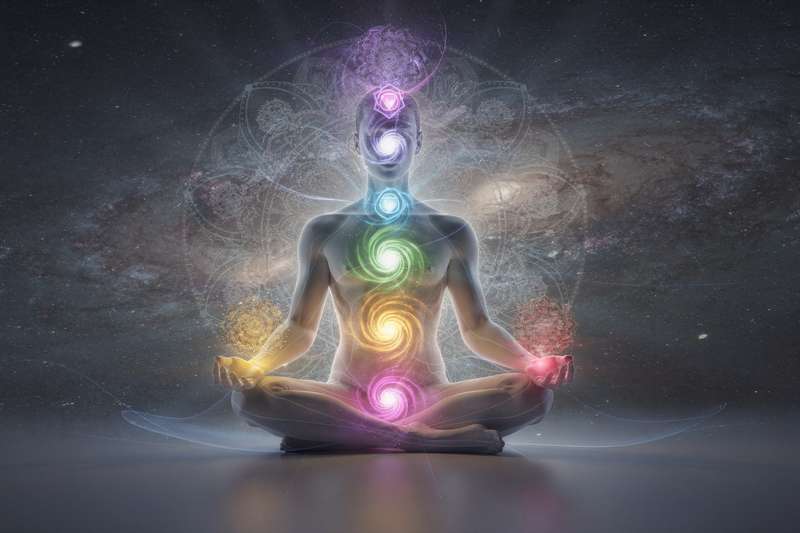 Persona meditando en posición de loto con aura energética brillante alrededor de su cuerpo.