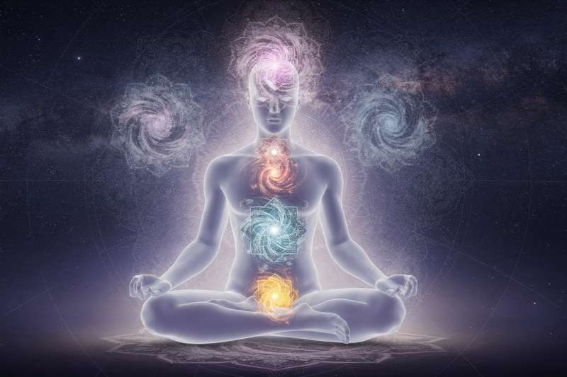 Símbolos y escritura sánscrita de los siete centros energéticos del cuerpo humano.