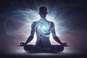 Mujer meditando con energía azul brillante emanando desde la zona del cuello y garganta.