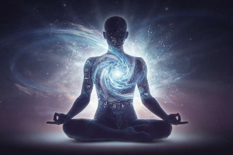 Mujer meditando con energía azul brillante emanando desde la zona del cuello y garganta.