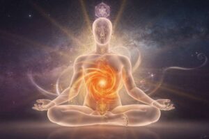 Representación simbólica del chakra sacro ubicado en la zona lumbar con tonalidades naranjas y energía vital en movimiento.