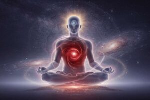 Representación visual del chakra raíz en el cuerpo humano, mostrando su ubicación en la base de la columna vertebral y su...