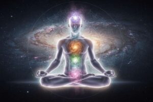 Persona en posición de loto meditando con visualización de los siete chakras alineados verticalmente en el cuerpo.