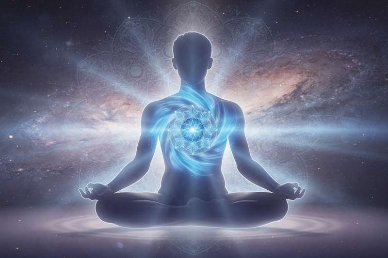 Mujer meditando con luz azul emanando de la zona de la garganta y el cuello.