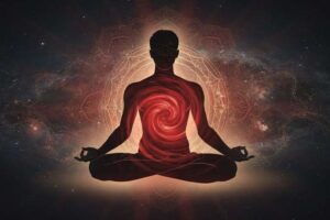 Persona meditando en posición de loto con energía roja envolviendo la base de la columna vertebral para equilibrar el chakra raíz.