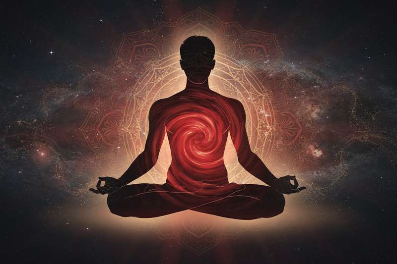 Persona meditando en posición de loto con energía roja envolviendo la base de la columna vertebral para equilibrar el chakra raíz.