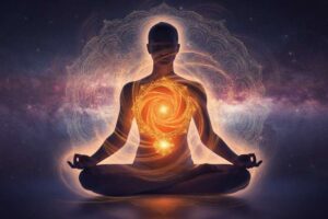 Mujer en postura de yoga flexible boca arriba activando la energía del chakra sacro.
