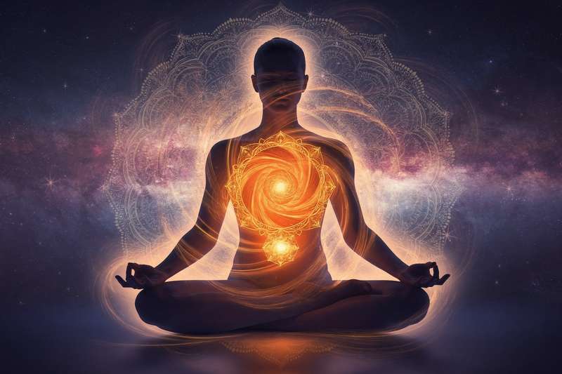 Mujer en postura de yoga flexible boca arriba activando la energía del chakra sacro.