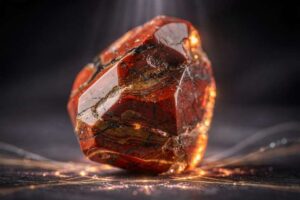 Cristal de jaspe rojo pulido mostrando su característico tono terroso con vetas naturales y brillo.