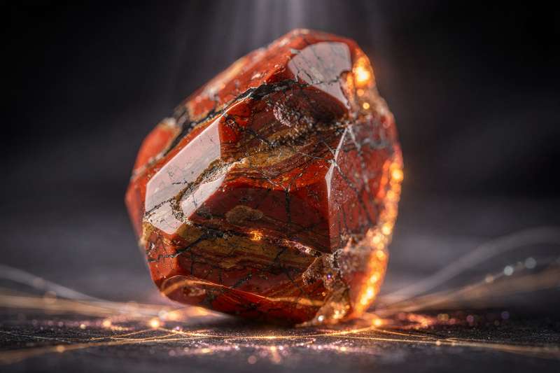 Cristal de jaspe rojo pulido mostrando su característico tono terroso con vetas naturales y brillo.