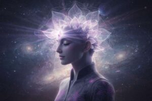 Representación visual del tercer ojo activado y radiante en el centro de la frente durante la meditación profunda.