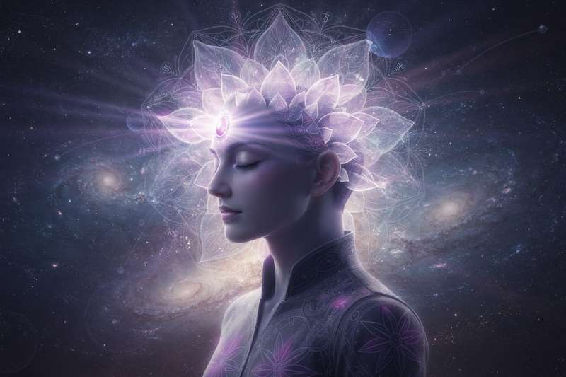 Representación visual del tercer ojo activado y radiante en el centro de la frente durante la meditación profunda.