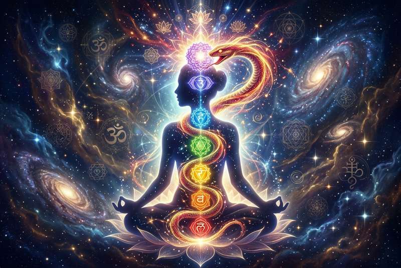 Energía kundalini ascendiendo por la columna vertebral a través de los siete chakras principales del cuerpo.